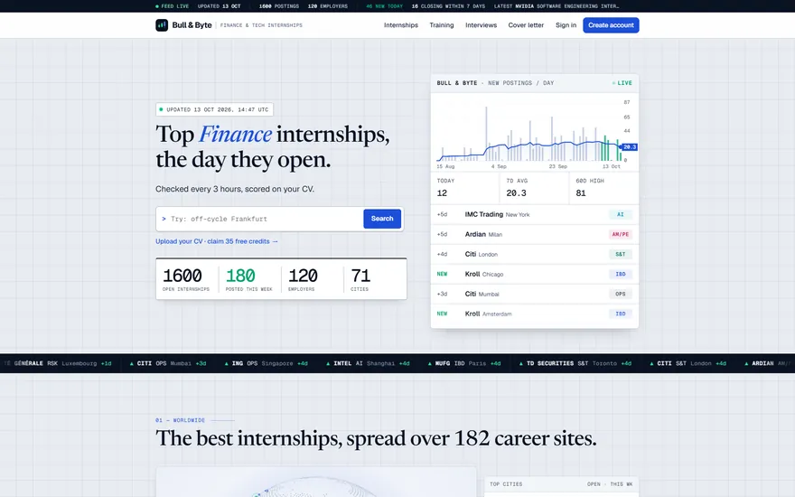 Bull & Byte home page: top finance internships, matched to your CV, and today's new postings