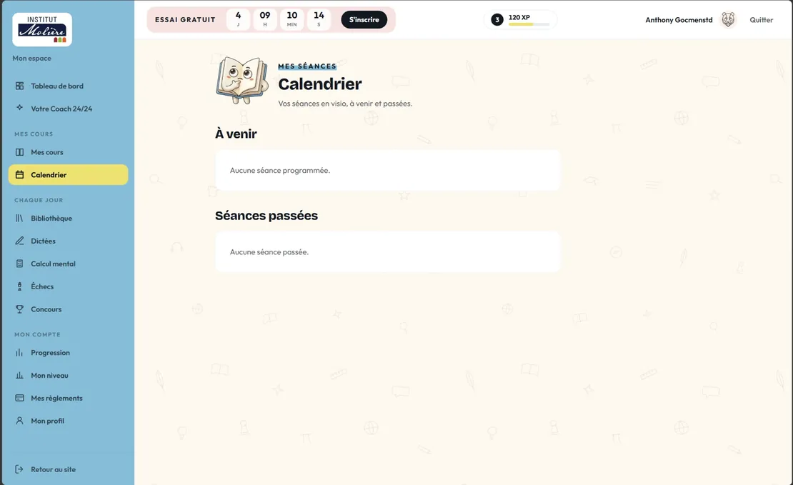 The calendar of online sessions