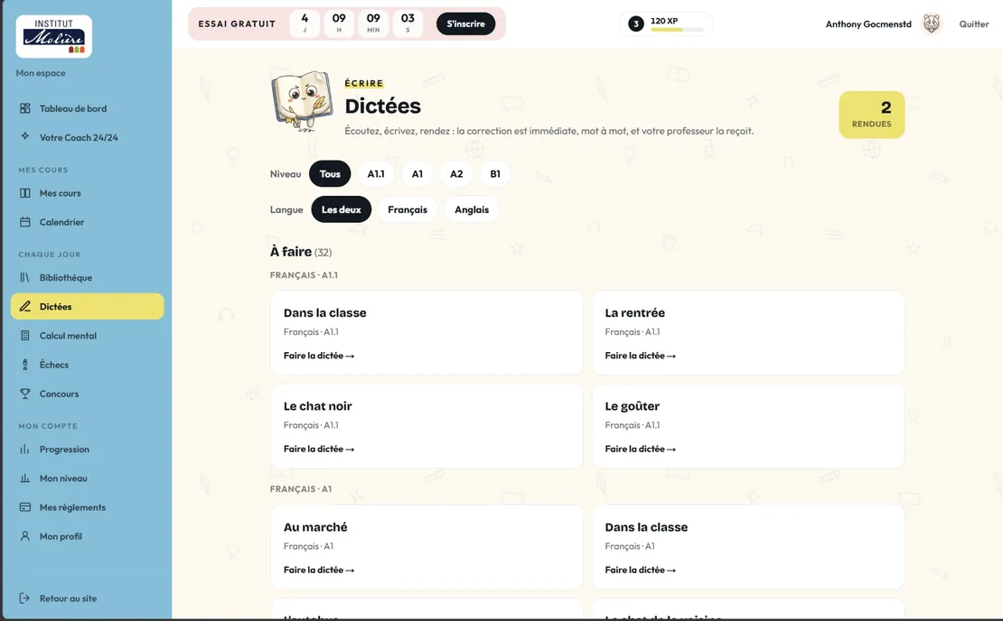 Dictations by level and language, corrected word by word