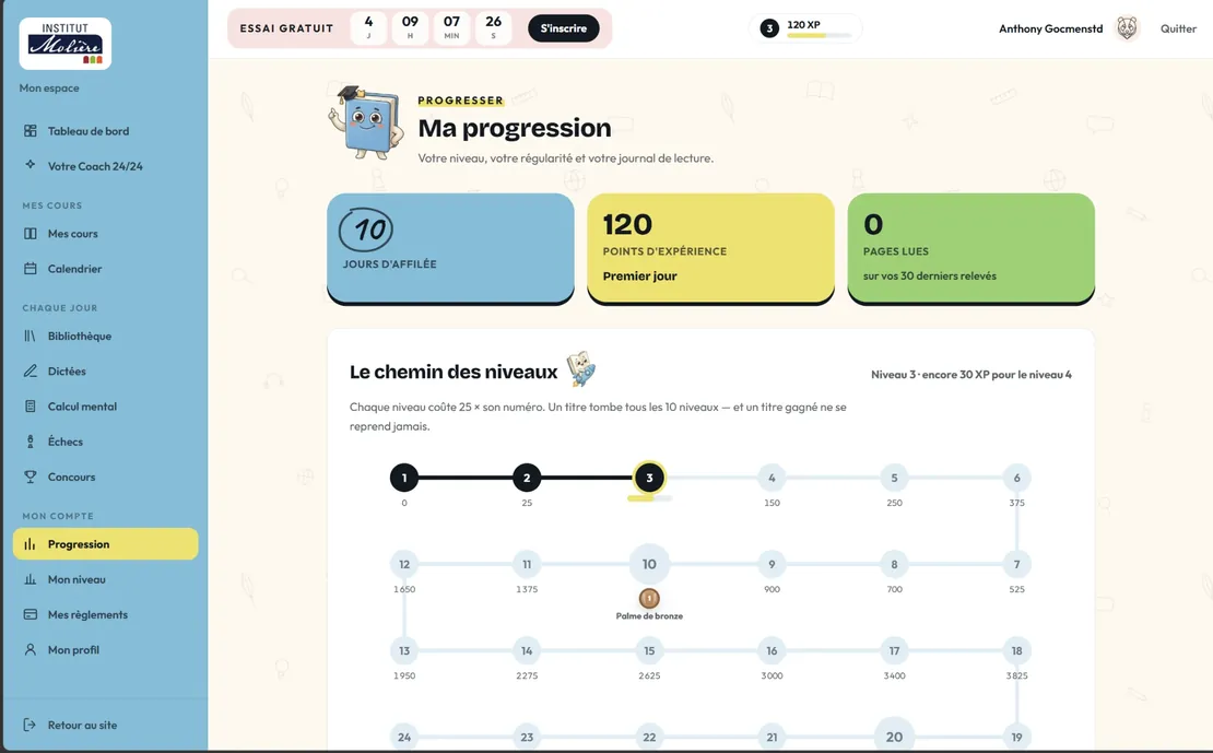 My progress: day streak, points, path of levels