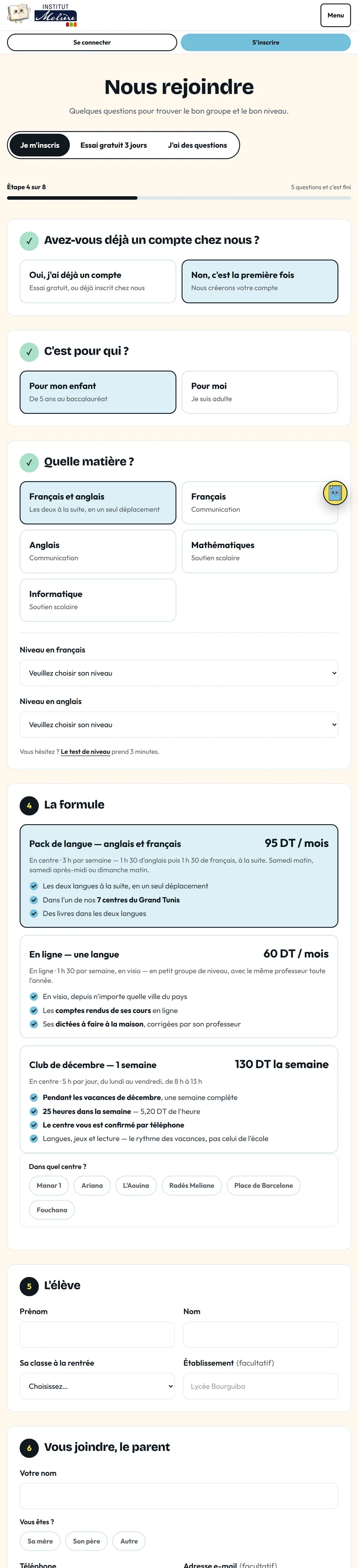 The registration form on a tablet, from the first choice to payment