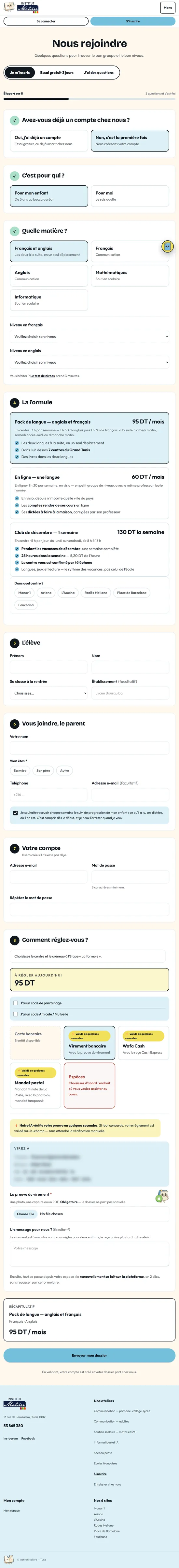 The registration form on a tablet, from the first choice to payment