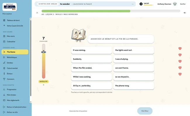 The Game: matching the beginning and end of five sentences, in English