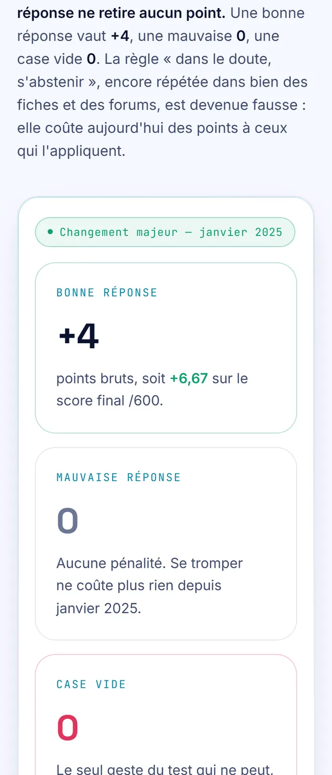Le barème : +4 pour une bonne réponse, 0 pour une mauvaise, 0 pour une case vide