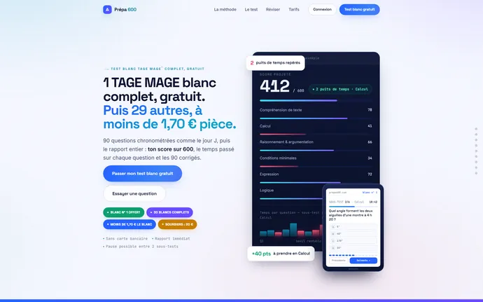 Prépa 600 home page: one complete free TAGE MAGE mock exam, then 29 more