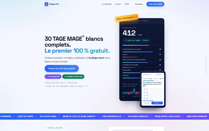 Prépa 600 home page: 30 complete TAGE MAGE mock exams, the first one free