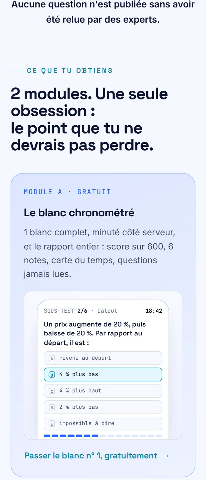 Les deux modules : le blanc chronométré et les 2 700 questions écrites pour le site