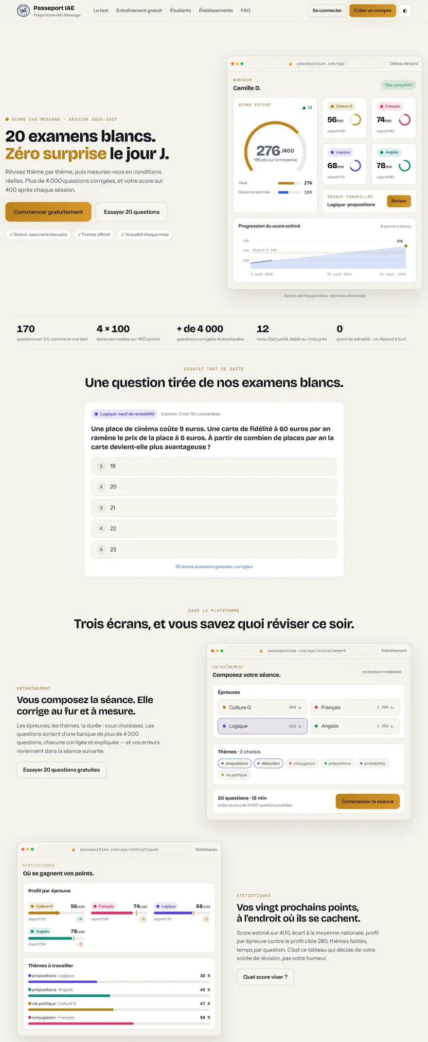 The complete Passeport IAE home page, light theme
