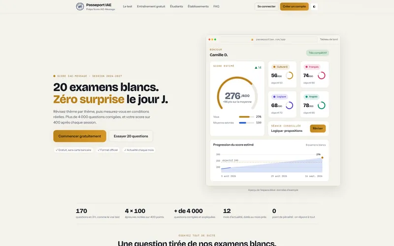Passeport IAE home page, light theme: 20 mock exams, and the sample dashboard with a score out of 400